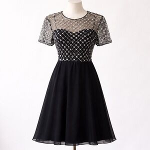 Vintage 80s RARE Vie by Victoria Royal Black Pearl Beaded Illusion Neck Dress